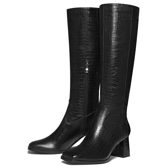 New Suedi Womens Knee High Black Croc Embossed Chunky Heel Squared Toe Boots Sz9 - Picture 10 of 16